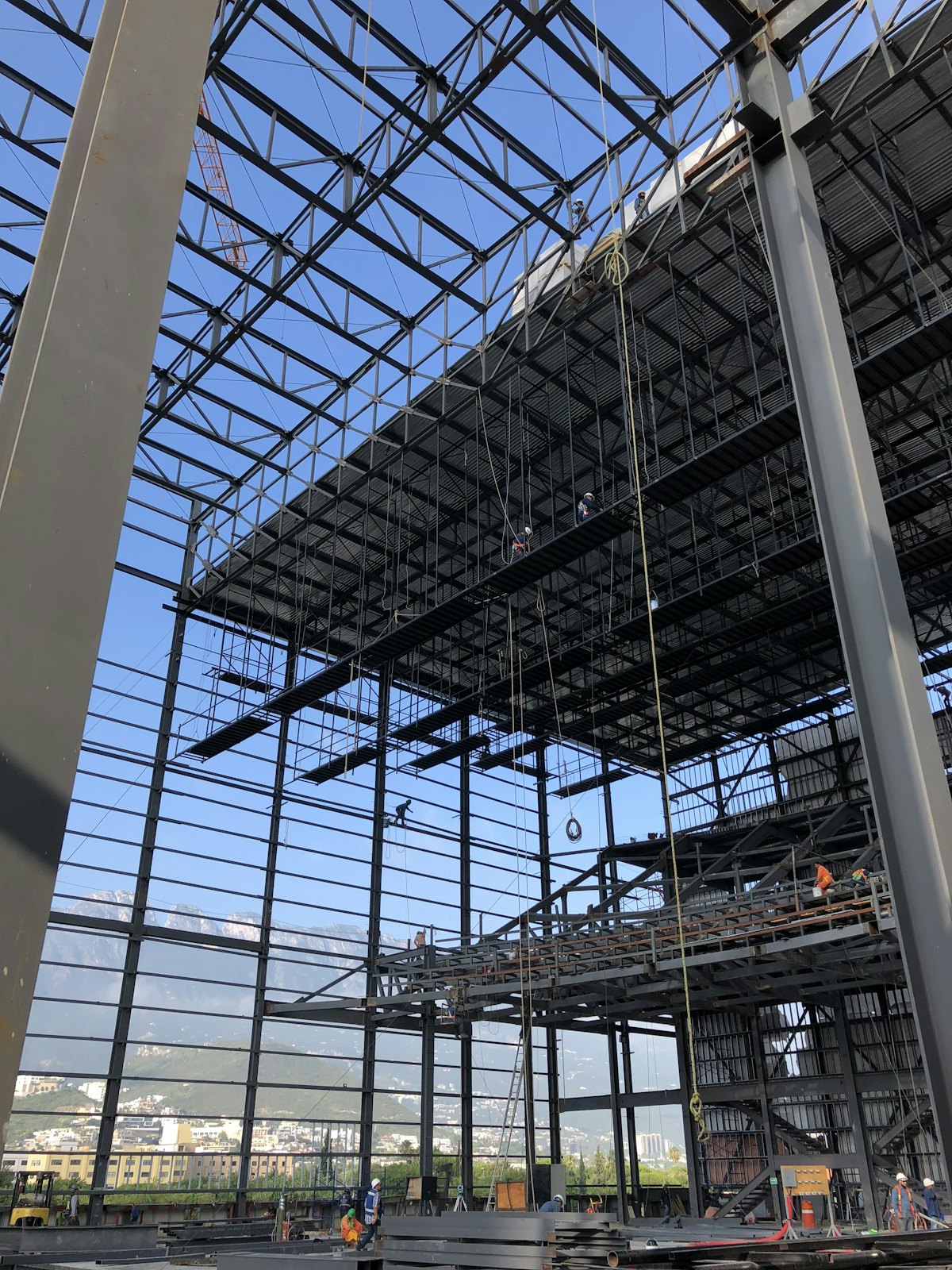 Interior of a large steel building frame